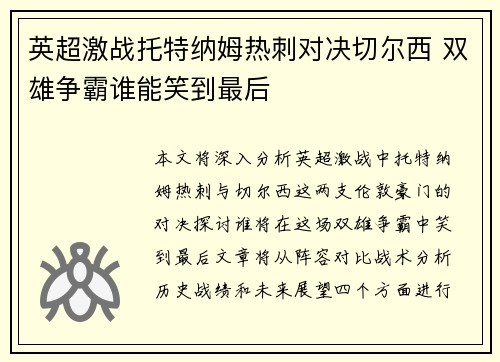 英超激战托特纳姆热刺对决切尔西 双雄争霸谁能笑到最后